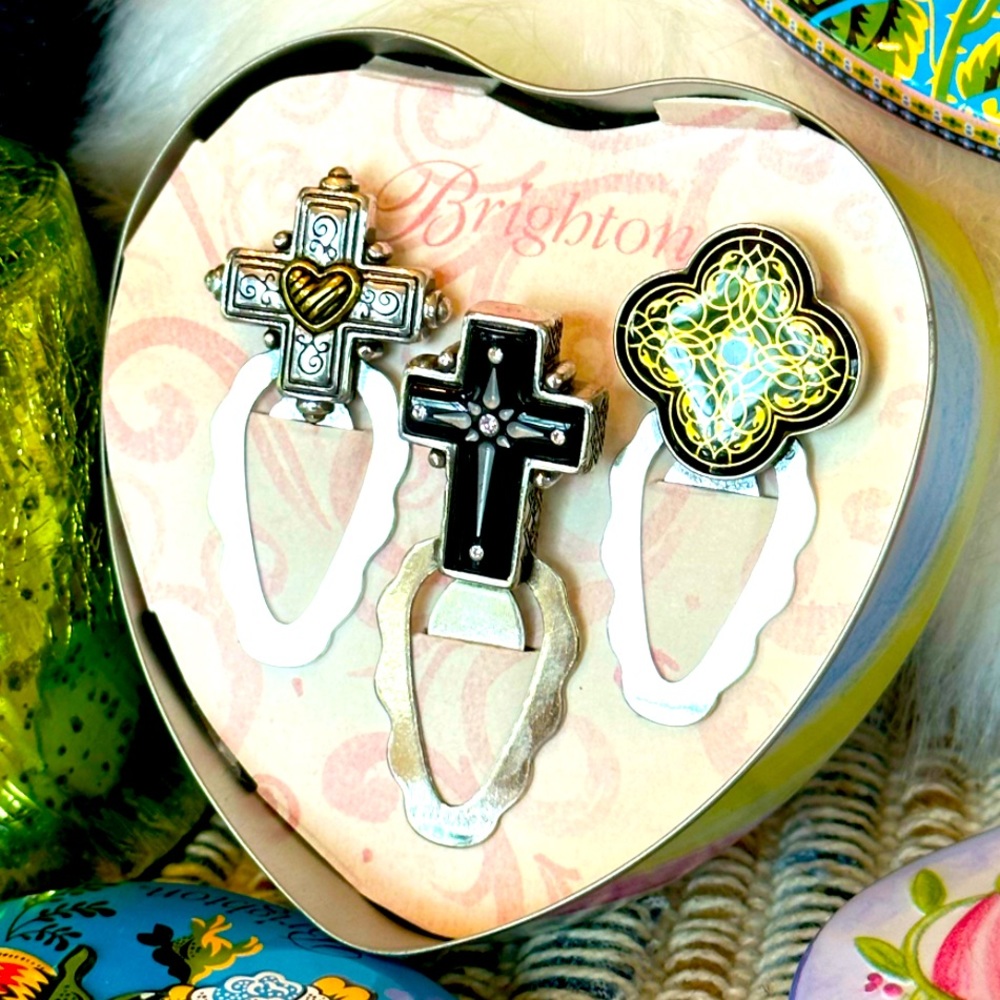 Brighton CROSS 3 Bookmarks set Beautiful Ornate Crosses silver gold crystals